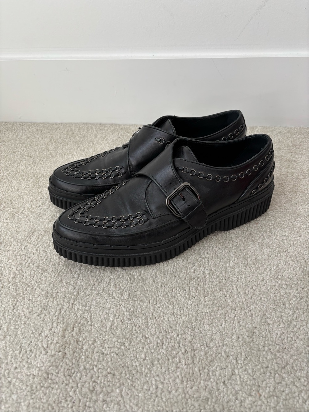 TOD’S Black Leather Monk Strap Loafers Platform Chain Detail Size 9.5 US